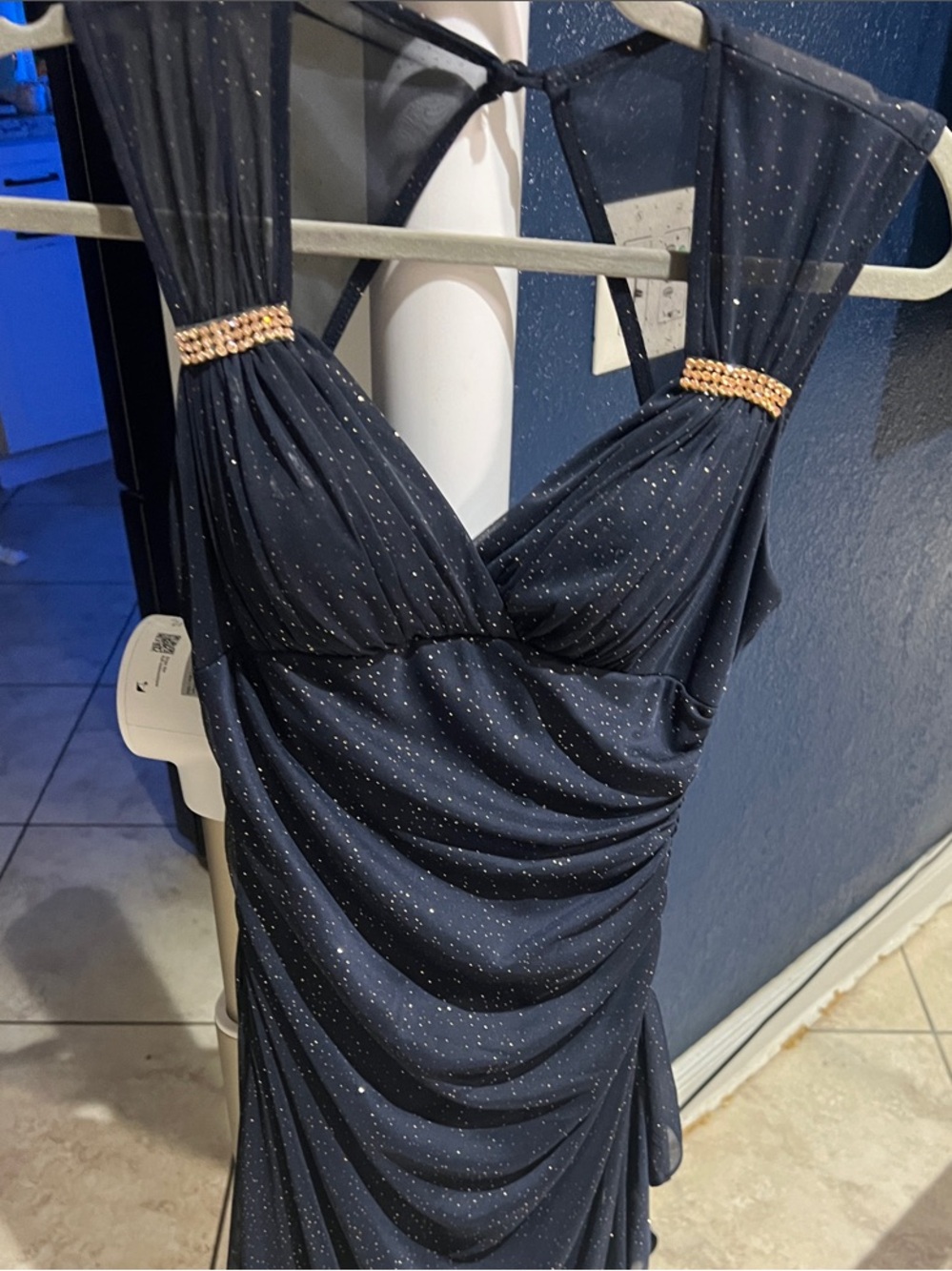 Navy long Gold Sparkle Prom Gown with Gold-Beaded Straps Beautiful